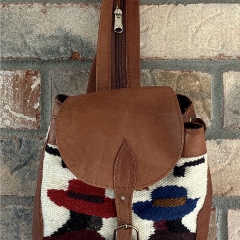 Leather &Woven Woolen Textile Small Backpack Crossbody Bag — Brown, Boho Vintago - Picture 4 of 14